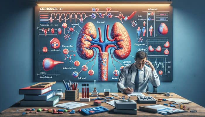 Illustration of cortisol blood test results analysis with graphs showing normal, elevated, and low levels, adrenal glands, and symptoms like fatigue and mood disturbances.
