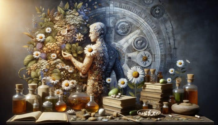 An ancient apothecary scene featuring chamomile flowers and remedies soothing skin rash and inflammation.