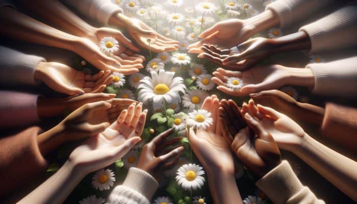 Chamomile flowers in soft light, diverse hands touching petals, symbolising skincare safety and versatility.