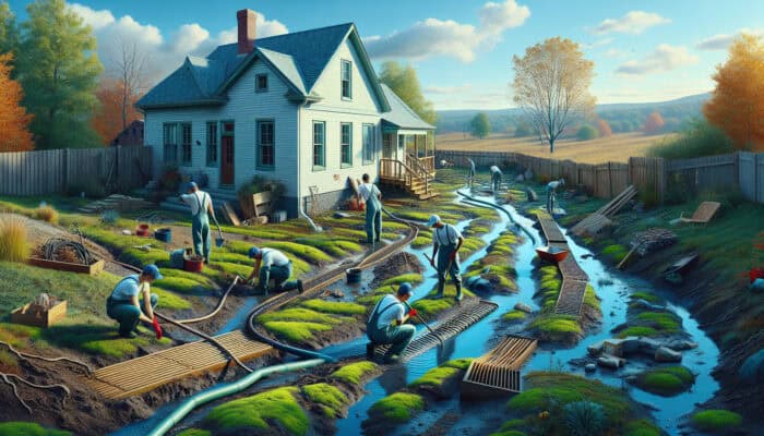 Backyard with soggy areas and foundation cracks; workers installing French drains before rainy season.