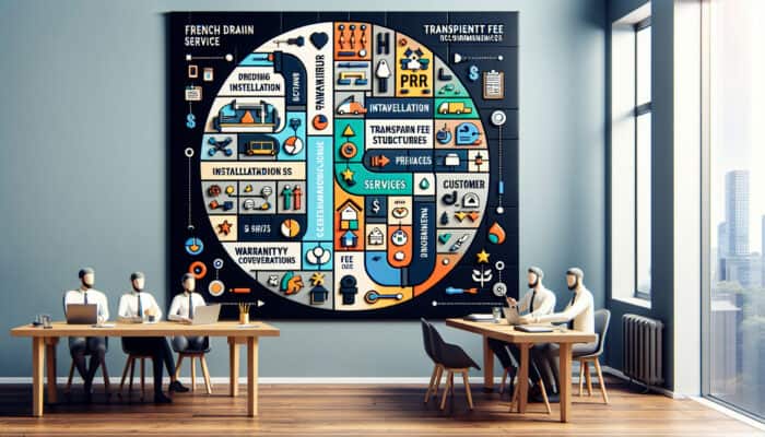 Comparison chart of French drain service providers detailing pricing, services, fees, warranties, and customer recommendations.