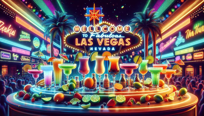 A colourful array of margaritas on a lively Las Vegas bar counter with neon lights and decorations.