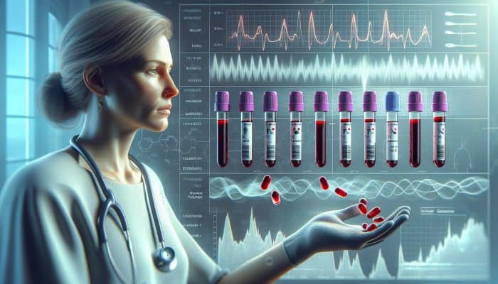 Menopause Blood Test in Cramlington: A woman undergoing a menopause blood test with vials labelled FSH and estrogen, hormonal graphs, and symptoms depicted.