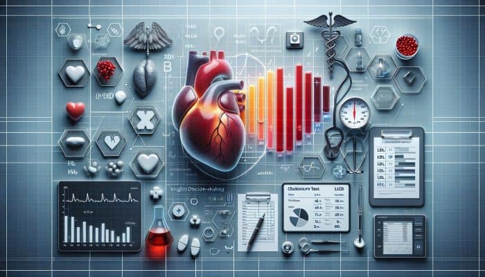 A cholesterol test report showcasing LDL, HDL, triglyceride graphs, heart symbols, and medical icons highlighting health insights.
