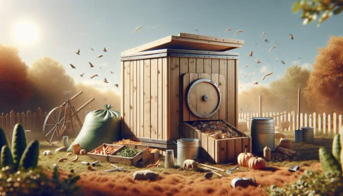 Durable, ventilated compost bin with sealed design in sunny yard, filled with pet waste, surrounded by composting tools and various composters.