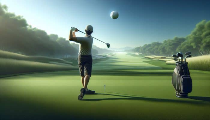 Golfer swinging driver on green fairway, ball soaring with trajectory line showing increased distance.