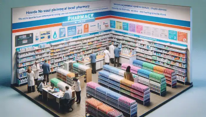 Nitrile Gloves in Harlow: A busy Harlow pharmacy showcasing nitrile gloves on shelves, while staff assist customers amidst promotional signage.