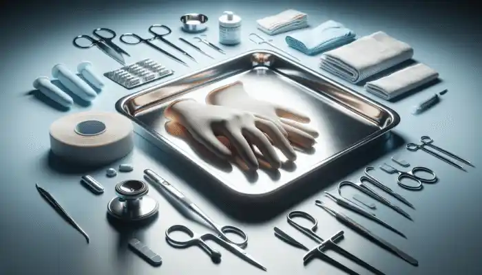 Close-up of hypoallergenic nitrile gloves on a medical tray featuring various tools in a sterile hospital environment.