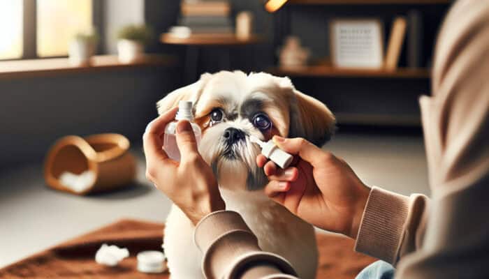 A Shih Tzu receiving gentle eye care with a soft cloth and eye drops in a cozy room.