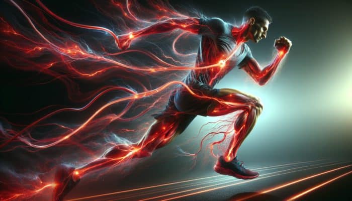 Athlete running marathon, energized with glowing red streams showing nitric oxide boost.