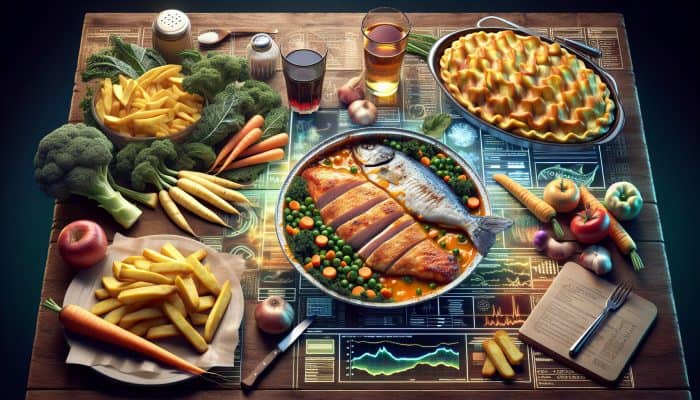 Building a Men’s Health Routine: A vibrant British meal with kale, carrots, parsnips, chicken, and fish, healthily adapted.