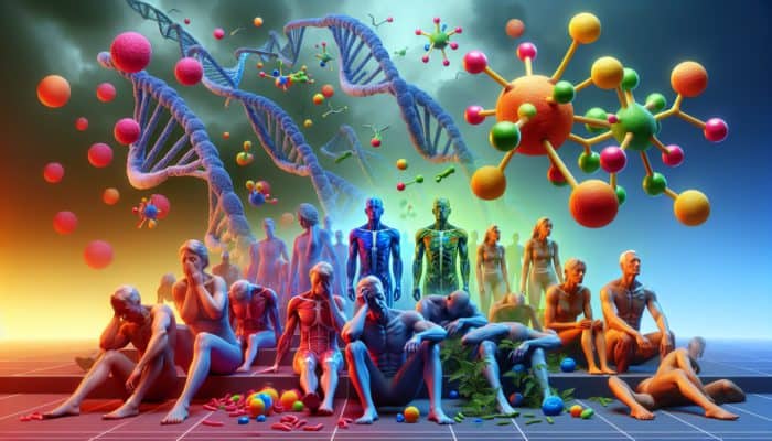 Illustration of methylcobalamin B12 molecules energising nerve cells and revitalising human figures.