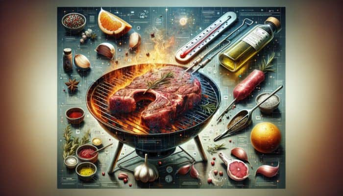 A sizzling grill with lean meats marinated in olive oil, citrus, garlic, and rosemary, cooking at medium heat to 145°F.