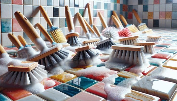 Close-up of various brushes cleaning grout between colorful tiles in a well-lit bathroom.