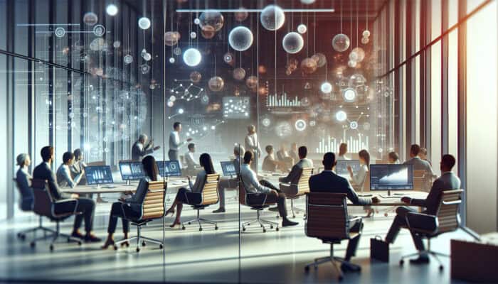 A financial analysis meeting with UK clearance experts discussing strategies to manage hidden costs, using charts and graphs in a modern office.