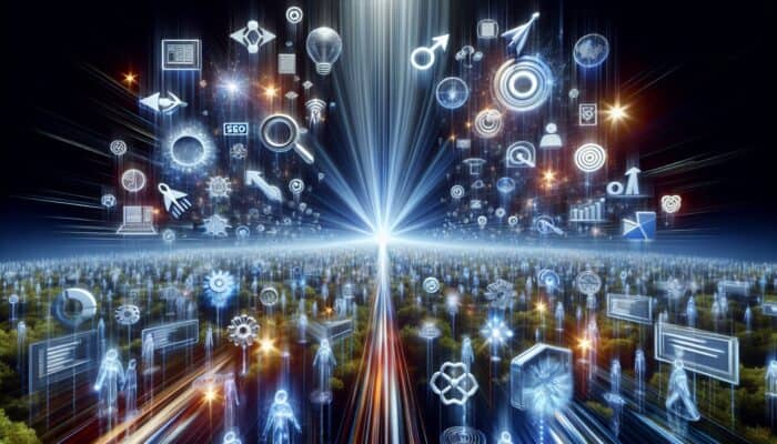 A digital landscape with SEO metrics and glowing icons of speed, mobile optimisation, and user experience converging on a central core web vitals symbol.