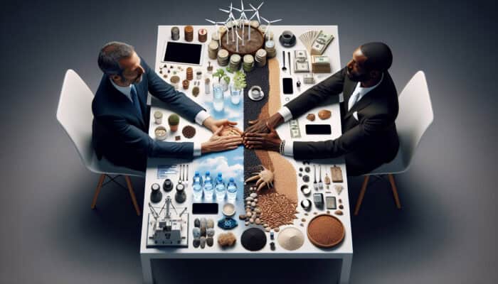 Two individuals shaking hands over a table filled with resources, symbolising a successful partnership.