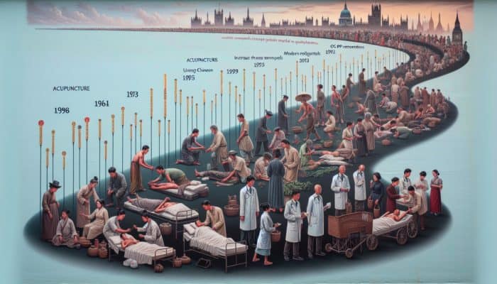 Acupuncture's Historical Journey: A visual timeline showcasing the evolution of acupuncture in the UK, from its ancient Chinese roots to modern medical integration, highlighting traditional and contemporary treatments alongside increasing GP referrals.