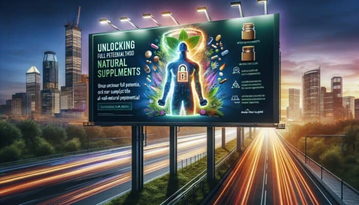 A vibrant billboard with the headline "Unlock Your Body's Full Potential with Our All-Natural Supplements!" against a cityscape.