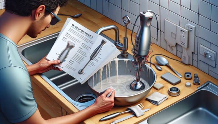 Immersion blender parts being rinsed and stored, user checking manual for maintenance tips.