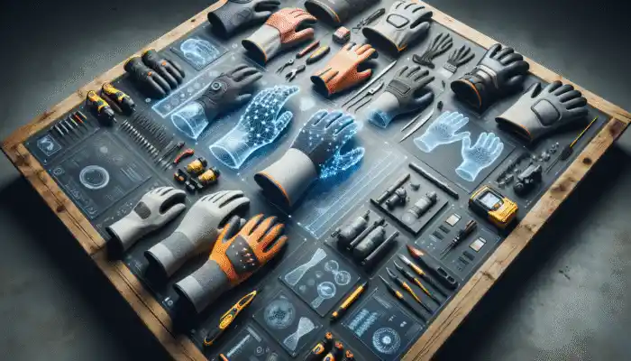 A diverse assortment of safety gloves on a workbench, meticulously designed for various industries.