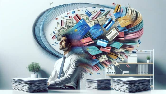 Why Debt Consolidation Might Be Your First Move: UK Guide | DCL Why Debt Consolidation Might Be Your First Move: Person relieved as multiple colorful credit cards and bills merge into one clear loan document in a modern office.