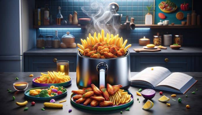 Air fryer on kitchen counter with crispy snacks like fries, wings, and veggie chips on colorful plates.
