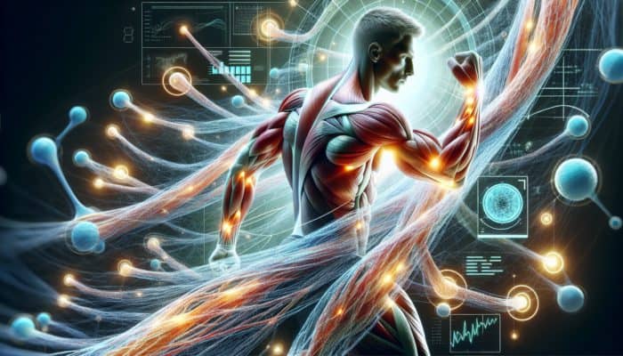 Illustration of collagen fibers repairing muscle tissue, enhancing flexibility and strength, with an athlete in motion.