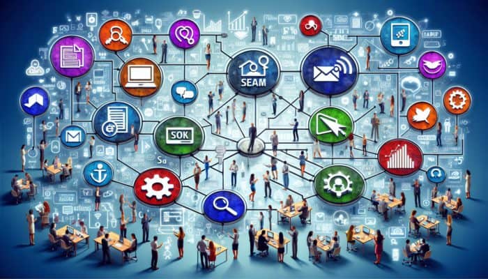 Digital Marketing in Budleigh Salterton for Small Business: A vibrant digital landscape showcasing various marketing strategies engaging audiences on different devices.