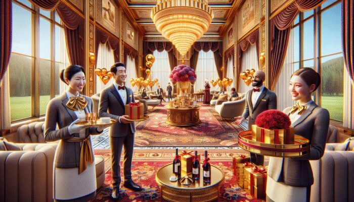 Luxurious hotel lobby with staff greeting guests by name, offering personalized gifts and anniversary decorations.