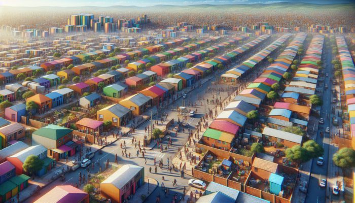 Aerial view of Soweto township with colorful, budget-friendly homes and bustling streets.