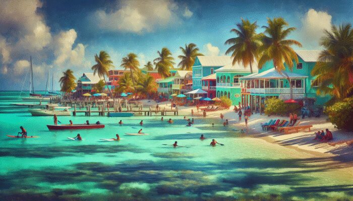 Colorful beachfront buildings and clear turquoise waters of Key Caulker, Belize, with locals enjoying water sports.