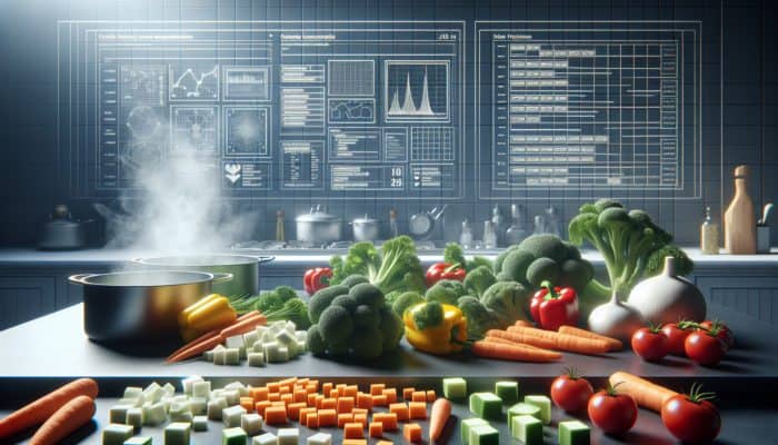 Freshly cleaned and cut vegetables arranged on a kitchen counter, ready for steaming with subtle steam rising.