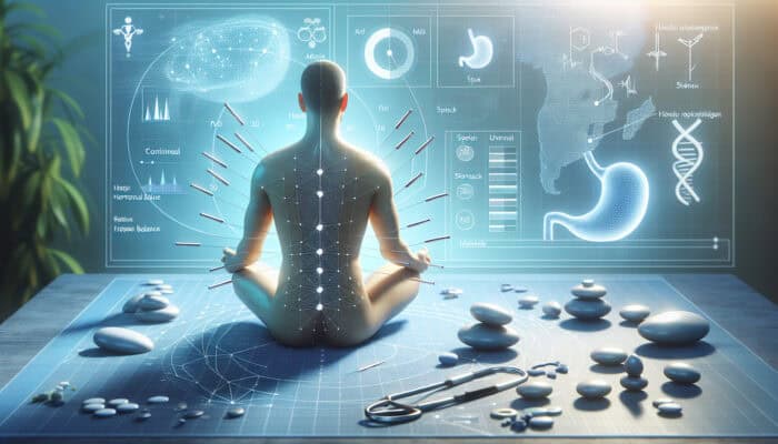 Acupuncture session targeting metabolism with needles placed on spleen and stomach points, clinical setting featuring hormonal diagrams.