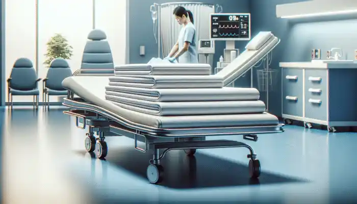A stack of disposable bed sheets on a hospital bed, with a nurse in the background.