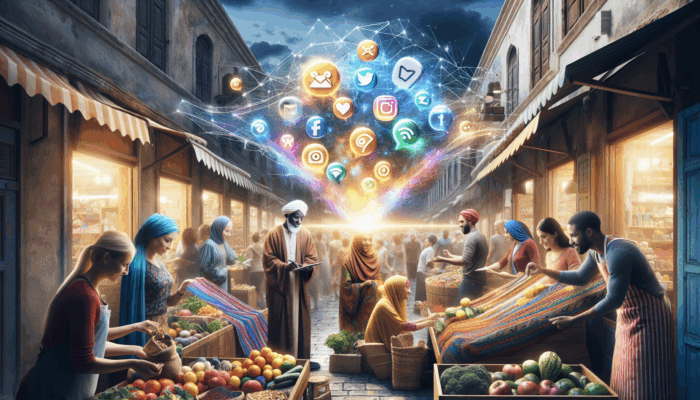 A bustling Wells market with social media icons, showing enhanced visibility and community engagement for local businesses.