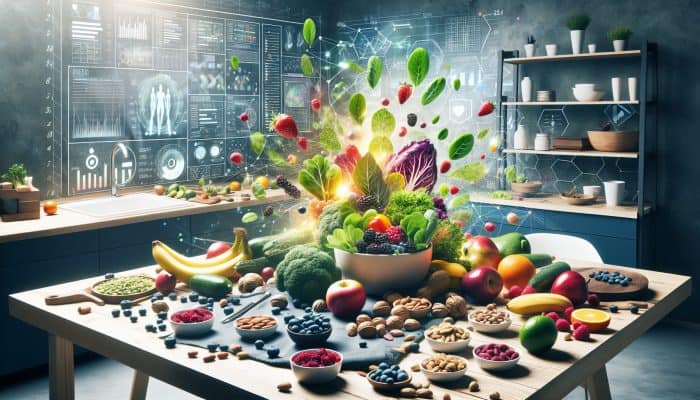 Nutrition for Chronic Fatigue: Colourful, nutrient-dense foods like greens, berries, nuts, symbolising energy and vitality against chronic fatigue syndrome.