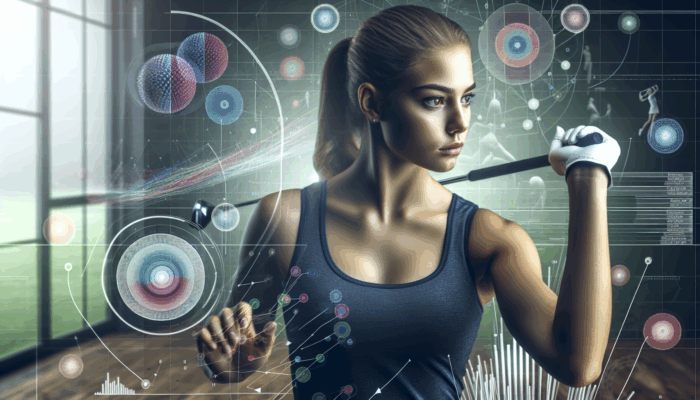 A junior golfer performing a scientifically precise fitness routine, surrounded by diagrams and charts.