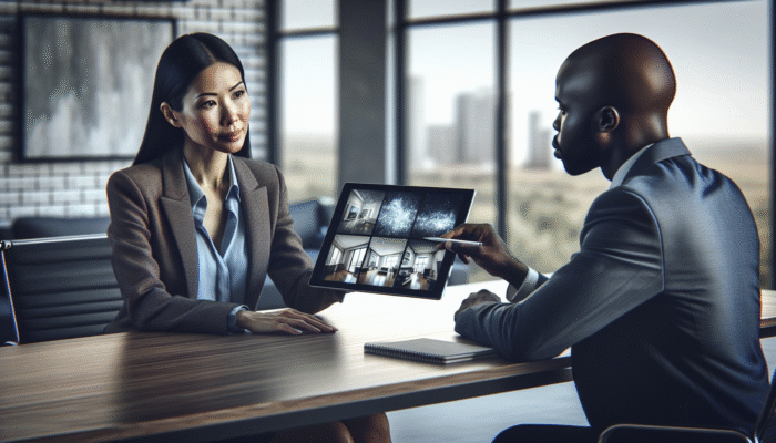 Real estate agent in Vereeniging presenting market data on tablet, negotiating property deal with focused seller.