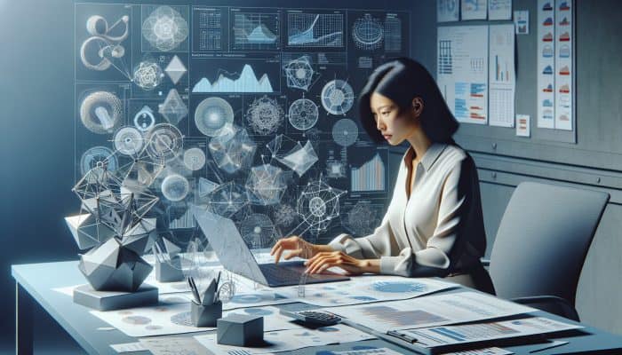 A person in a modern office analyzing financial charts on debt consolidation loans and DTI ratios with a calculator and laptop.