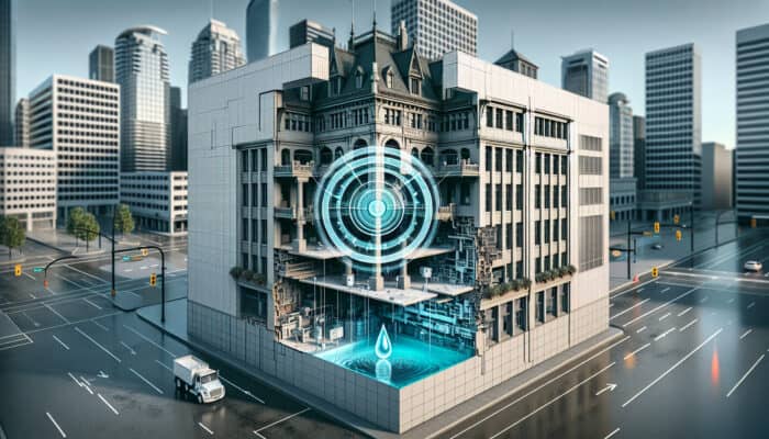 Water Leak Detection Services in Gastown, Vancouver: A cross-section of a Gastown building with sensors detecting a small water leak, preventing damage.
