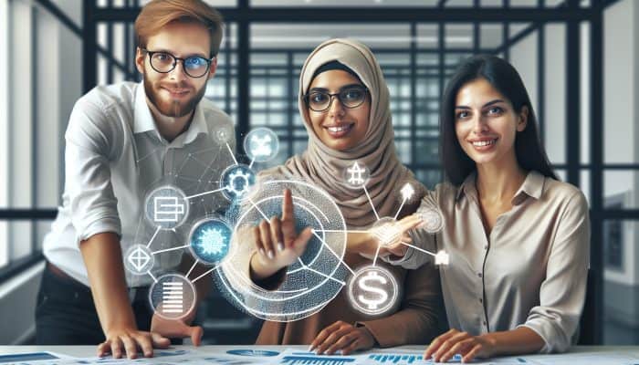 A diverse group of consumers using a fintech platform for debt consolidation, guided by a financial advisor in a modern office.