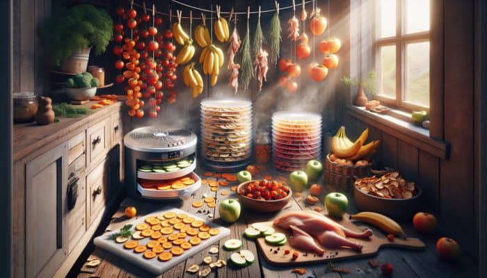 Various foods being dehydrated using sun drying, electric dehydrators, and air drying in a rustic kitchen.
