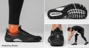 Collage of four images showing black Xero Shoes. Close-ups highlight the sole, back, and side, with a man stretching in them. An orange graphic on one foot emphasises ankle support for improved posture and potential back pain relief.