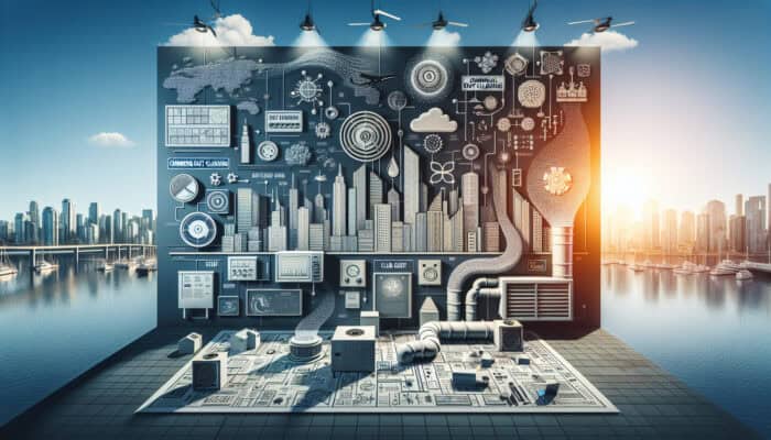 Infographic showing expert tips on commercial duct cleaning with Port Coquitlam skyline and clean air from vents.