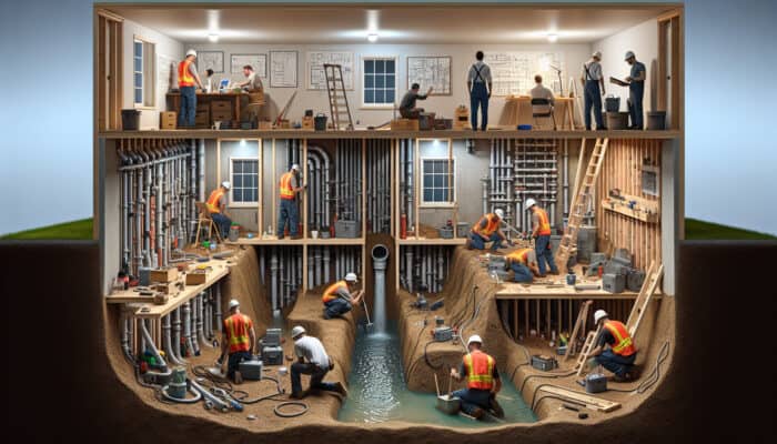 Professionals installing an interior drainage system, assessing, excavating, and incorporating components over several days.