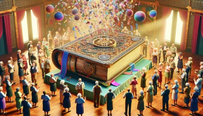 A festive retirement party with a large book titled "Retirement Party Volumes" on a table, surrounded by guests and decorations.