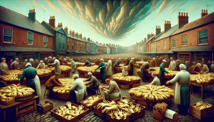 Portsmouth marketplace with vendors selling latex gloves, experts discussing, and buyers examining under a cloudy sky.