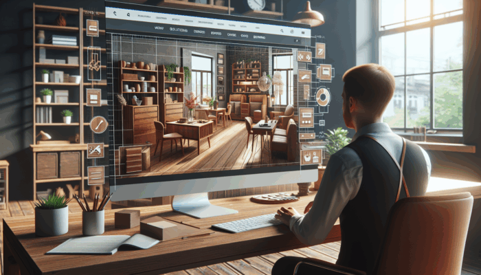 A web designer in a cozy Nailsworth studio creates a modern website for a furniture store, featuring wooden displays and vibrant branding on a screen.