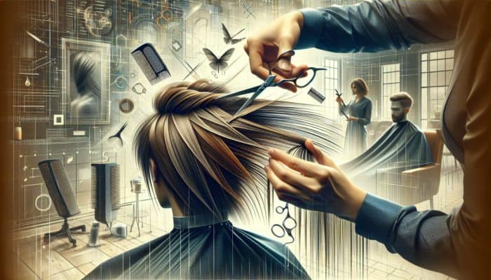 A hairstylist point cutting a model's layered hair in a modern salon, enhancing texture and movement.